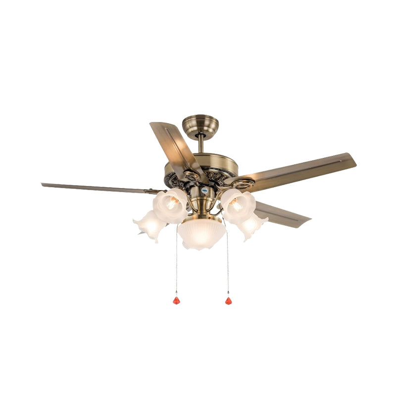 48" Wide 6 Heads Ceiling Fan Light Traditional Living Room 5 Blades Semi Flush Mount Lamp with Flower Milk Glass Shade in Brass, Pull Chain/Remote/Wall Control Clearhalo 'Ceiling Fans with Lights' 'Ceiling Fans' Lighting' 407091