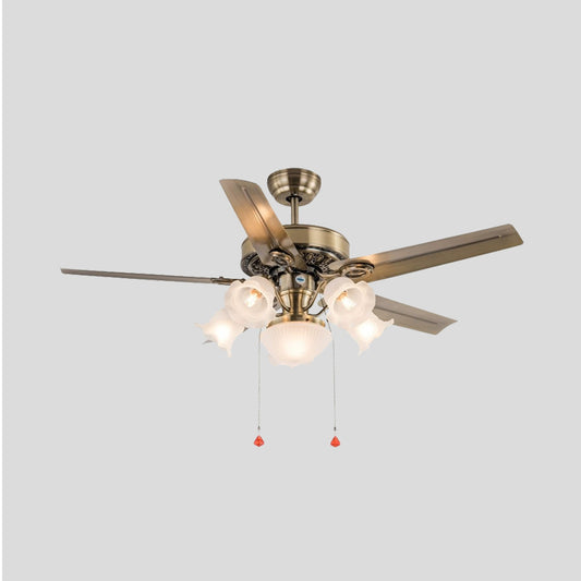 48" Wide 6 Heads Ceiling Fan Light Traditional Living Room 5 Blades Semi Flush Mount Lamp with Flower Milk Glass Shade in Brass, Pull Chain/Remote/Wall Control Clearhalo 'Ceiling Fans with Lights' 'Ceiling Fans' Lighting' 407092