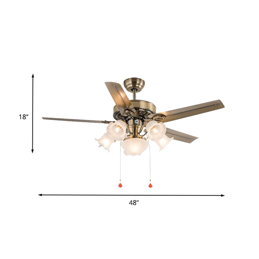 48" Wide 6 Heads Ceiling Fan Light Traditional Living Room 5 Blades Semi Flush Mount Lamp with Flower Milk Glass Shade in Brass, Pull Chain/Remote/Wall Control Clearhalo 'Ceiling Fans with Lights' 'Ceiling Fans' Lighting' 407093