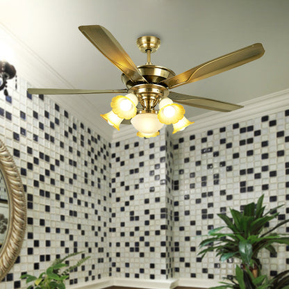 52" W 6 Bulbs Metal Semi Flushmount Vintage Brass Radial Living Room Hanging Fan Light with 5 Blades, Wall/Remote Control Brass Clearhalo 'Ceiling Fans with Lights' 'Ceiling Fans' Lighting' 407094