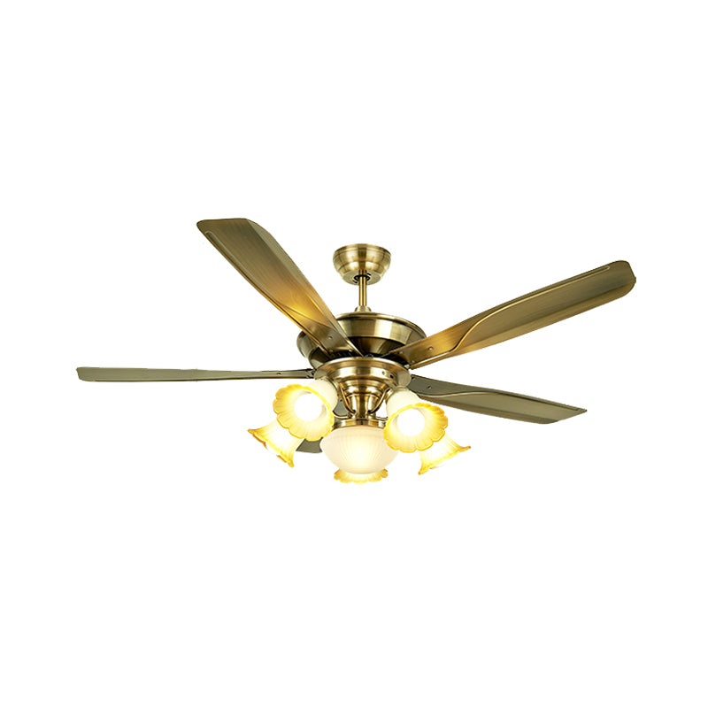 52" W 6 Bulbs Metal Semi Flushmount Vintage Brass Radial Living Room Hanging Fan Light with 5 Blades, Wall/Remote Control Clearhalo 'Ceiling Fans with Lights' 'Ceiling Fans' Lighting' 407096