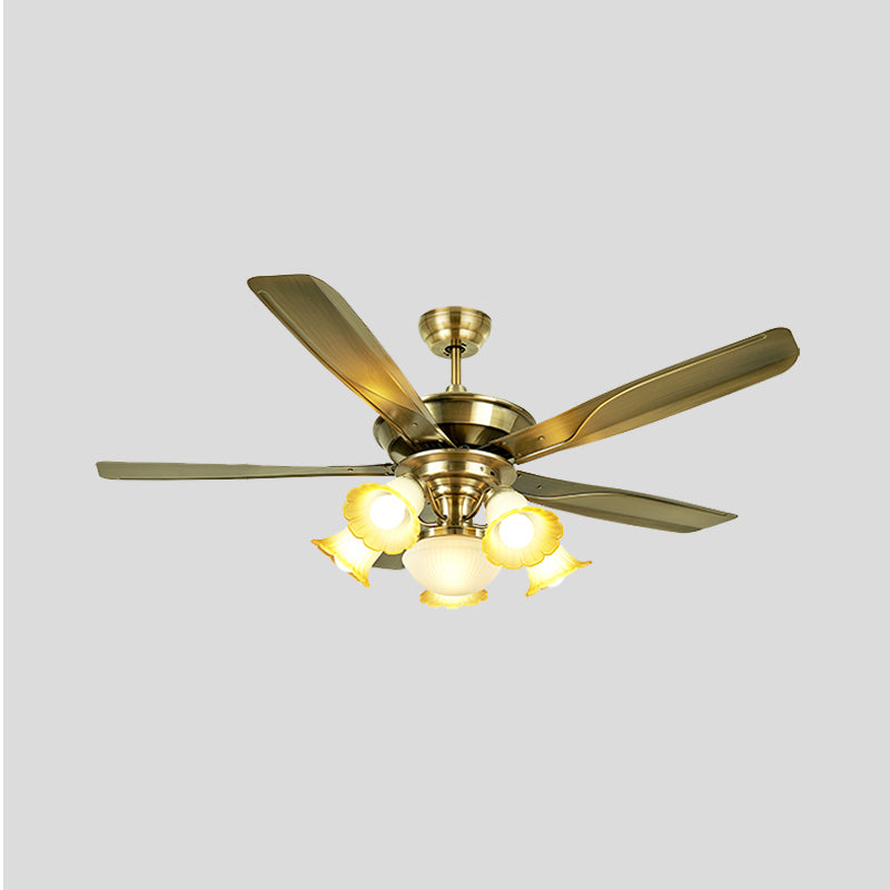 52" W 6 Bulbs Metal Semi Flushmount Vintage Brass Radial Living Room Hanging Fan Light with 5 Blades, Wall/Remote Control Clearhalo 'Ceiling Fans with Lights' 'Ceiling Fans' Lighting' 407097
