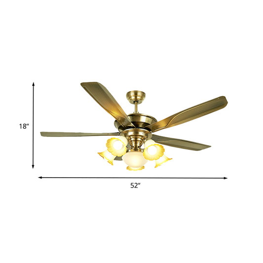 52" W 6 Bulbs Metal Semi Flushmount Vintage Brass Radial Living Room Hanging Fan Light with 5 Blades, Wall/Remote Control Clearhalo 'Ceiling Fans with Lights' 'Ceiling Fans' Lighting' 407098