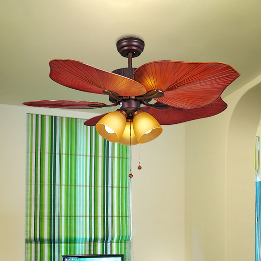 Red Brown Bell Semi Flush Lamp Retro Yellow Glass 3 Lights 44" W Living Room Pendant Fan Light with Wall/Remote Control/Pull Chain, 5 Blades Red Brown Clearhalo 'Ceiling Fans with Lights' 'Ceiling Fans' Lighting' 407099