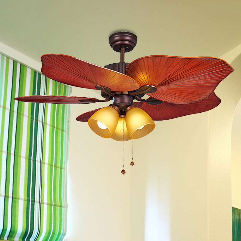 Red Brown Bell Semi Flush Lamp Retro Yellow Glass 3 Lights 44" W Living Room Pendant Fan Light with Wall/Remote Control/Pull Chain, 5 Blades Clearhalo 'Ceiling Fans with Lights' 'Ceiling Fans' Lighting' 407100
