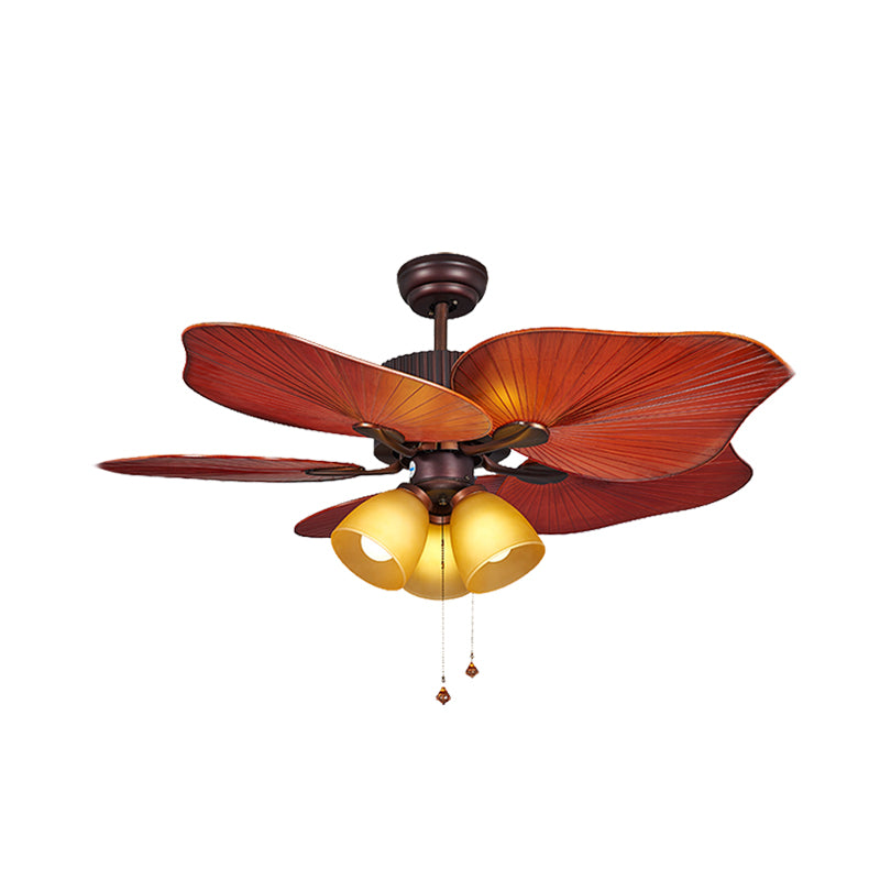 Red Brown Bell Semi Flush Lamp Retro Yellow Glass 3 Lights 44" W Living Room Pendant Fan Light with Wall/Remote Control/Pull Chain, 5 Blades Clearhalo 'Ceiling Fans with Lights' 'Ceiling Fans' Lighting' 407101