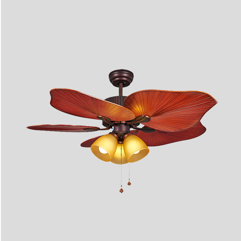 Red Brown Bell Semi Flush Lamp Retro Yellow Glass 3 Lights 44" W Living Room Pendant Fan Light with Wall/Remote Control/Pull Chain, 5 Blades Clearhalo 'Ceiling Fans with Lights' 'Ceiling Fans' Lighting' 407102
