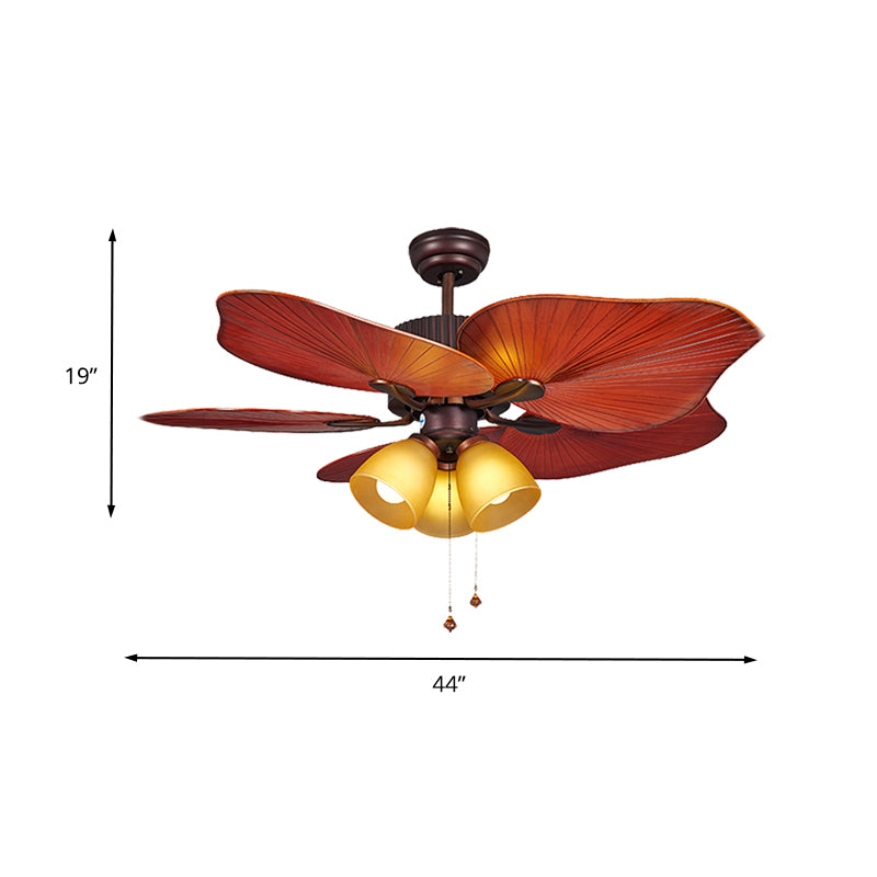 Red Brown Bell Semi Flush Lamp Retro Yellow Glass 3 Lights 44" W Living Room Pendant Fan Light with Wall/Remote Control/Pull Chain, 5 Blades Clearhalo 'Ceiling Fans with Lights' 'Ceiling Fans' Lighting' 407103