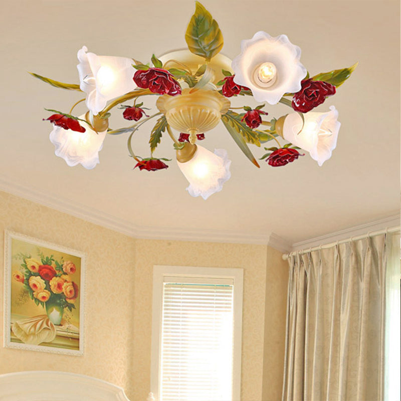 Coffee Spiral Semi Flush Mount Country Metal 3/5/8 Bulbs Living Room Close to Ceiling Lamp with Rose Decoration 5 Coffee Clearhalo 'Ceiling Lights' 'Close To Ceiling Lights' 'Close to ceiling' 'Semi-flushmount' Lighting' 407104