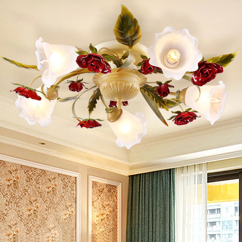 Coffee Spiral Semi Flush Mount Country Metal 3/5/8 Bulbs Living Room Close to Ceiling Lamp with Rose Decoration Clearhalo 'Ceiling Lights' 'Close To Ceiling Lights' 'Close to ceiling' 'Semi-flushmount' Lighting' 407105