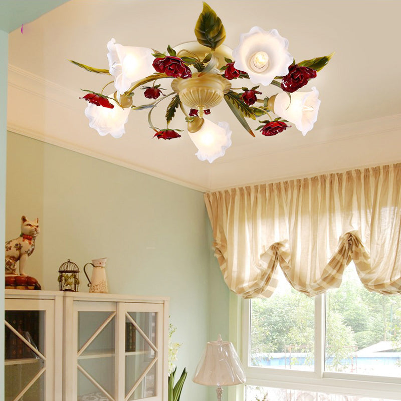 Coffee Spiral Semi Flush Mount Country Metal 3/5/8 Bulbs Living Room Close to Ceiling Lamp with Rose Decoration Clearhalo 'Ceiling Lights' 'Close To Ceiling Lights' 'Close to ceiling' 'Semi-flushmount' Lighting' 407106