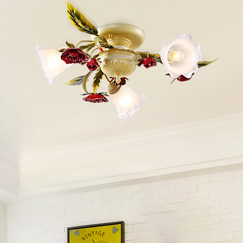 Coffee Spiral Semi Flush Mount Country Metal 3/5/8 Bulbs Living Room Close to Ceiling Lamp with Rose Decoration 3 Coffee Clearhalo 'Ceiling Lights' 'Close To Ceiling Lights' 'Close to ceiling' 'Semi-flushmount' Lighting' 407109