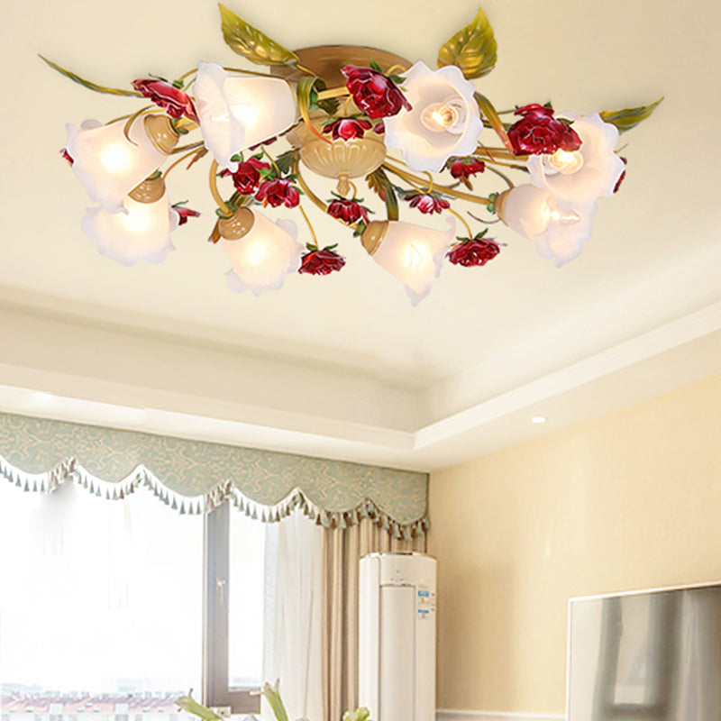 Coffee Spiral Semi Flush Mount Country Metal 3/5/8 Bulbs Living Room Close to Ceiling Lamp with Rose Decoration 8 Coffee Clearhalo 'Ceiling Lights' 'Close To Ceiling Lights' 'Close to ceiling' 'Semi-flushmount' Lighting' 407112