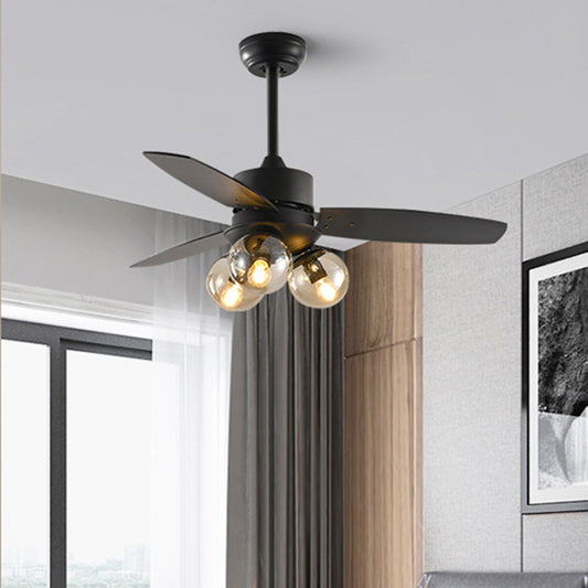 3 Heads Ball Semi Flush Lighting Industrial White/Black Clear Glass 3 Blades Hanging Fan Lamp for Restaurant, 42" W Clearhalo 'Ceiling Fans with Lights' 'Ceiling Fans' 'Industrial Ceiling Fans' 'Industrial' Lighting' 407117