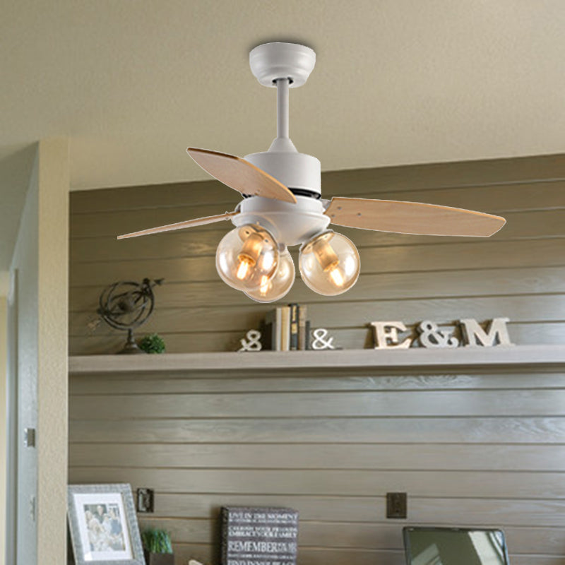 3 Heads Ball Semi Flush Lighting Industrial White/Black Clear Glass 3 Blades Hanging Fan Lamp for Restaurant, 42" W Clearhalo 'Ceiling Fans with Lights' 'Ceiling Fans' 'Industrial Ceiling Fans' 'Industrial' Lighting' 407121