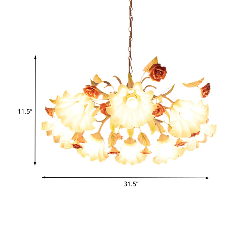 White Glass Scalloped Chandelier Lamp Korean Flower 9 Bulbs Living Room Ceiling Hang Fixture Clearhalo 'Ceiling Lights' 'Chandeliers' 'Glass shade' 'Glass' Lighting' 407132