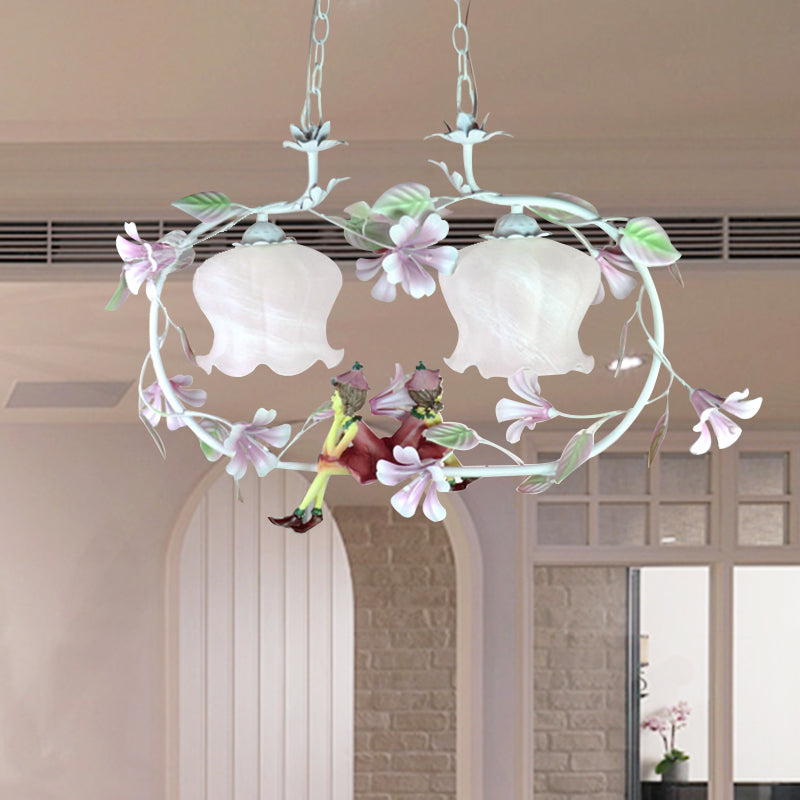 Pink Oval Hanging Chandelier Pastoral White Glass 2 Lights Living Room Ceiling Pendant White Clearhalo 'Ceiling Lights' 'Chandeliers' 'Glass shade' 'Glass' Lighting' 407133