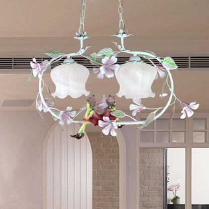 Pink Oval Hanging Chandelier Pastoral White Glass 2 Lights Living Room Ceiling Pendant White Clearhalo 'Ceiling Lights' 'Chandeliers' 'Glass shade' 'Glass' Lighting' 407133