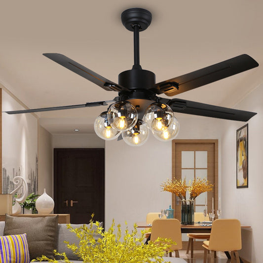 5 Lights Pendant Fan Lighting Vintage Living Room 5 Blades Semi Flush Lamp with Globe Clear Glass Shade in Black, 42"/52" Wide Black Clearhalo 'Ceiling Fans with Lights' 'Ceiling Fans' 'Industrial Ceiling Fans' 'Industrial' Lighting' 407138