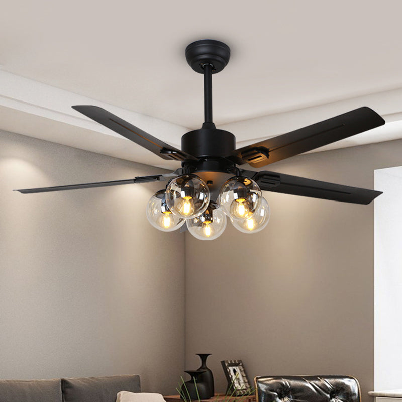 5 Lights Pendant Fan Lighting Vintage Living Room 5 Blades Semi Flush Lamp with Globe Clear Glass Shade in Black, 42"/52" Wide Clearhalo 'Ceiling Fans with Lights' 'Ceiling Fans' 'Industrial Ceiling Fans' 'Industrial' Lighting' 407139