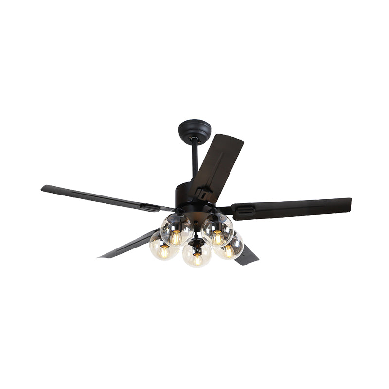 5 Lights Pendant Fan Lighting Vintage Living Room 5 Blades Semi Flush Lamp with Globe Clear Glass Shade in Black, 42"/52" Wide Clearhalo 'Ceiling Fans with Lights' 'Ceiling Fans' 'Industrial Ceiling Fans' 'Industrial' Lighting' 407140