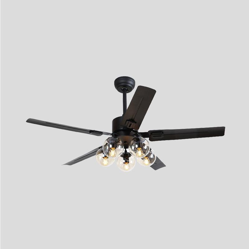 5 Lights Pendant Fan Lighting Vintage Living Room 5 Blades Semi Flush Lamp with Globe Clear Glass Shade in Black, 42"/52" Wide Clearhalo 'Ceiling Fans with Lights' 'Ceiling Fans' 'Industrial Ceiling Fans' 'Industrial' Lighting' 407141