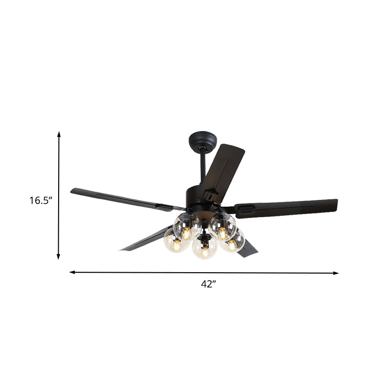 5 Lights Pendant Fan Lighting Vintage Living Room 5 Blades Semi Flush Lamp with Globe Clear Glass Shade in Black, 42"/52" Wide Clearhalo 'Ceiling Fans with Lights' 'Ceiling Fans' 'Industrial Ceiling Fans' 'Industrial' Lighting' 407142