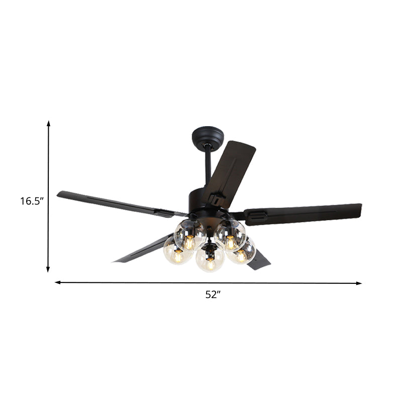 5 Lights Pendant Fan Lighting Vintage Living Room 5 Blades Semi Flush Lamp with Globe Clear Glass Shade in Black, 42"/52" Wide Clearhalo 'Ceiling Fans with Lights' 'Ceiling Fans' 'Industrial Ceiling Fans' 'Industrial' Lighting' 407143