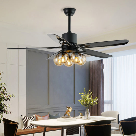 Black 5 Bulbs Ceiling Fan Light Antiqued Clear Glass Global Semi Flush Mounted Lamp with 5 Blades, 56" Wide Clearhalo 'Ceiling Fans with Lights' 'Ceiling Fans' 'Industrial Ceiling Fans' 'Industrial' Lighting' 407145