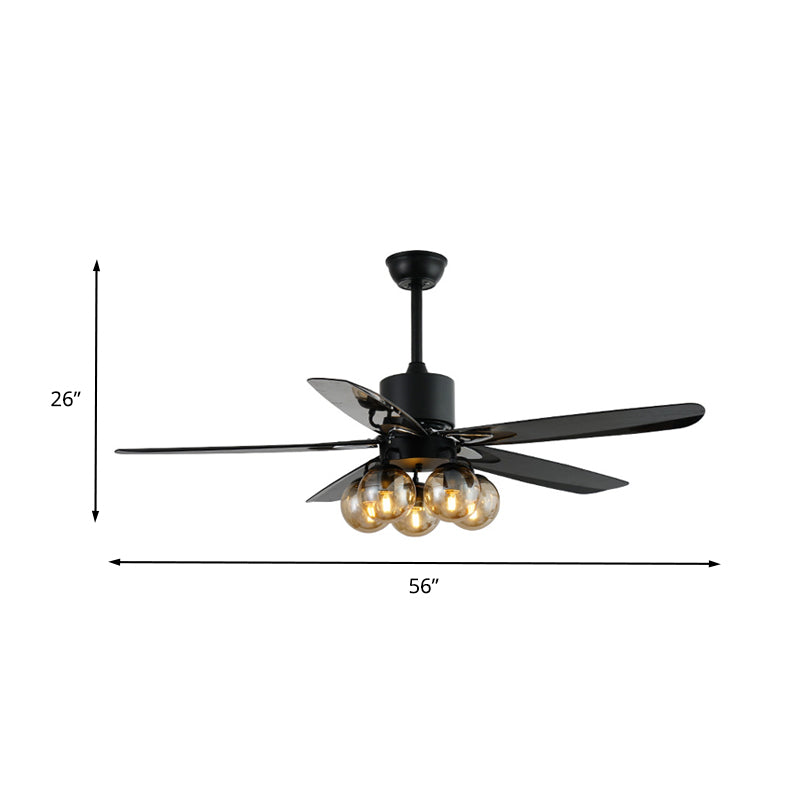 Black 5 Bulbs Ceiling Fan Light Antiqued Clear Glass Global Semi Flush Mounted Lamp with 5 Blades, 56" Wide Clearhalo 'Ceiling Fans with Lights' 'Ceiling Fans' 'Industrial Ceiling Fans' 'Industrial' Lighting' 407148