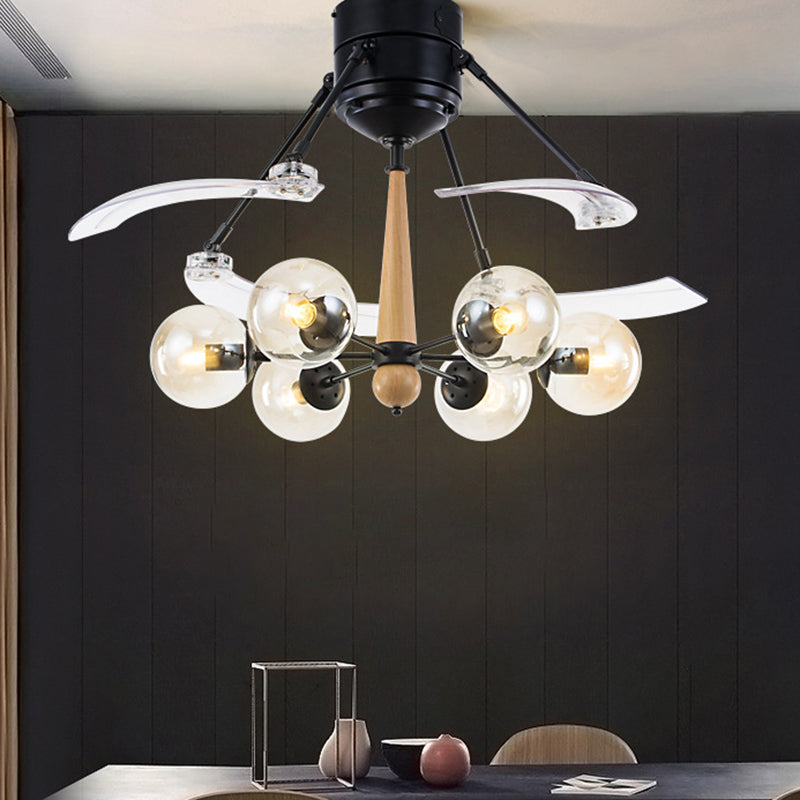 Industrial Orb Hanging Ceiling Fan Lamp 48" W 6 Heads Clear Glass Semi Flushmount in Black with Radial Design, 4 Clear Blades Black Clearhalo 'Ceiling Fans with Lights' 'Ceiling Fans' 'Industrial Ceiling Fans' 'Industrial' Lighting' 407149
