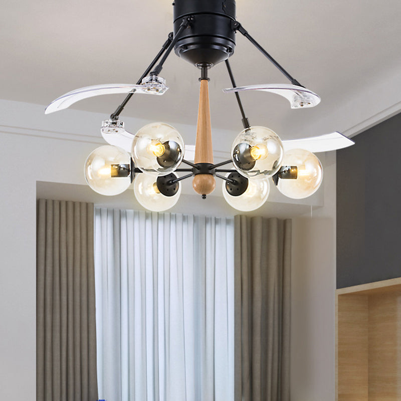 Industrial Orb Hanging Ceiling Fan Lamp 48" W 6 Heads Clear Glass Semi Flushmount in Black with Radial Design, 4 Clear Blades Clearhalo 'Ceiling Fans with Lights' 'Ceiling Fans' 'Industrial Ceiling Fans' 'Industrial' Lighting' 407150