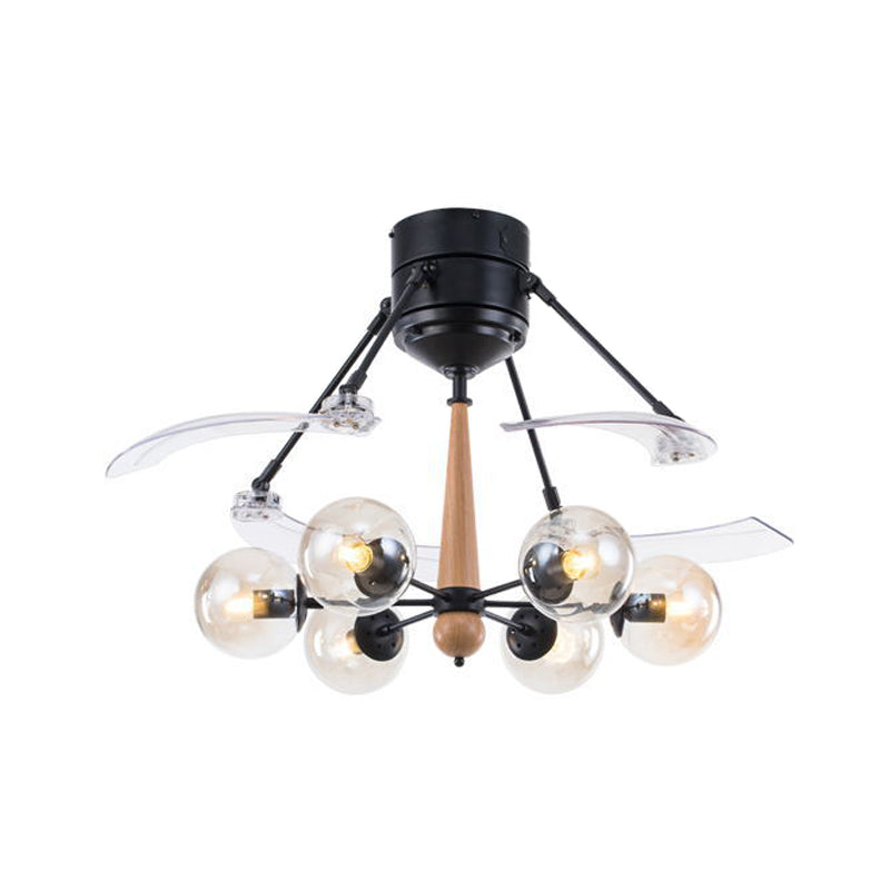 Industrial Orb Hanging Ceiling Fan Lamp 48" W 6 Heads Clear Glass Semi Flushmount in Black with Radial Design, 4 Clear Blades Clearhalo 'Ceiling Fans with Lights' 'Ceiling Fans' 'Industrial Ceiling Fans' 'Industrial' Lighting' 407152
