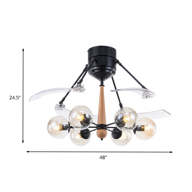 Industrial Orb Hanging Ceiling Fan Lamp 48" W 6 Heads Clear Glass Semi Flushmount in Black with Radial Design, 4 Clear Blades Clearhalo 'Ceiling Fans with Lights' 'Ceiling Fans' 'Industrial Ceiling Fans' 'Industrial' Lighting' 407153