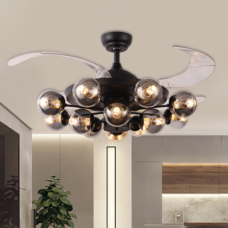 42" Wide 12-Light Clear Glass Semi Flush Lamp Vintage Black Ball Living Room Pendant Fan Light wtih 4 Clear Blades, Wall/Remote Control Clearhalo 'Ceiling Fans with Lights' 'Ceiling Fans' 'Industrial Ceiling Fans' 'Industrial' Lighting' 407155