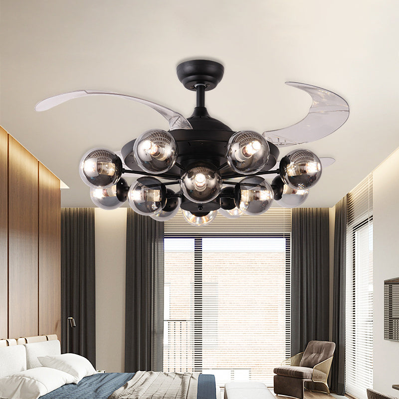 42" Wide 12-Light Clear Glass Semi Flush Lamp Vintage Black Ball Living Room Pendant Fan Light wtih 4 Clear Blades, Wall/Remote Control Clearhalo 'Ceiling Fans with Lights' 'Ceiling Fans' 'Industrial Ceiling Fans' 'Industrial' Lighting' 407156