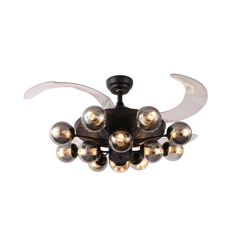 42" Wide 12-Light Clear Glass Semi Flush Lamp Vintage Black Ball Living Room Pendant Fan Light wtih 4 Clear Blades, Wall/Remote Control Clearhalo 'Ceiling Fans with Lights' 'Ceiling Fans' 'Industrial Ceiling Fans' 'Industrial' Lighting' 407157