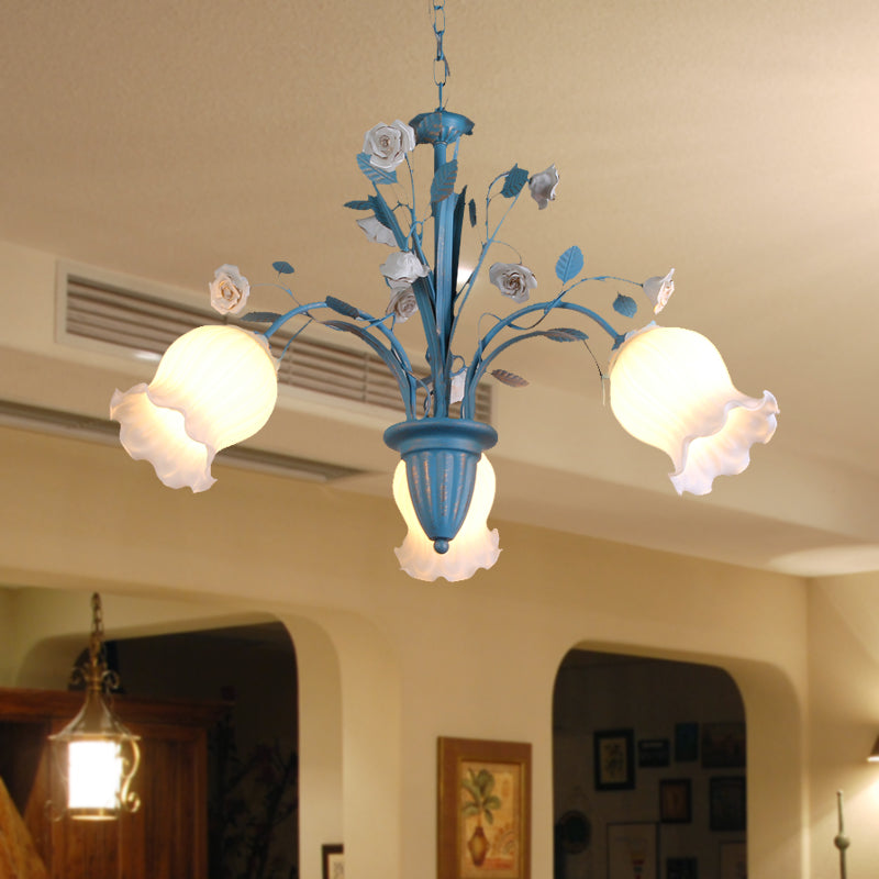 Pastoral Blossom Chandelier Lighting Fixture 3/5/6 Heads White Glass Pendant Ceiling Light in Blue Clearhalo 'Ceiling Lights' 'Chandeliers' Lighting' options 407195