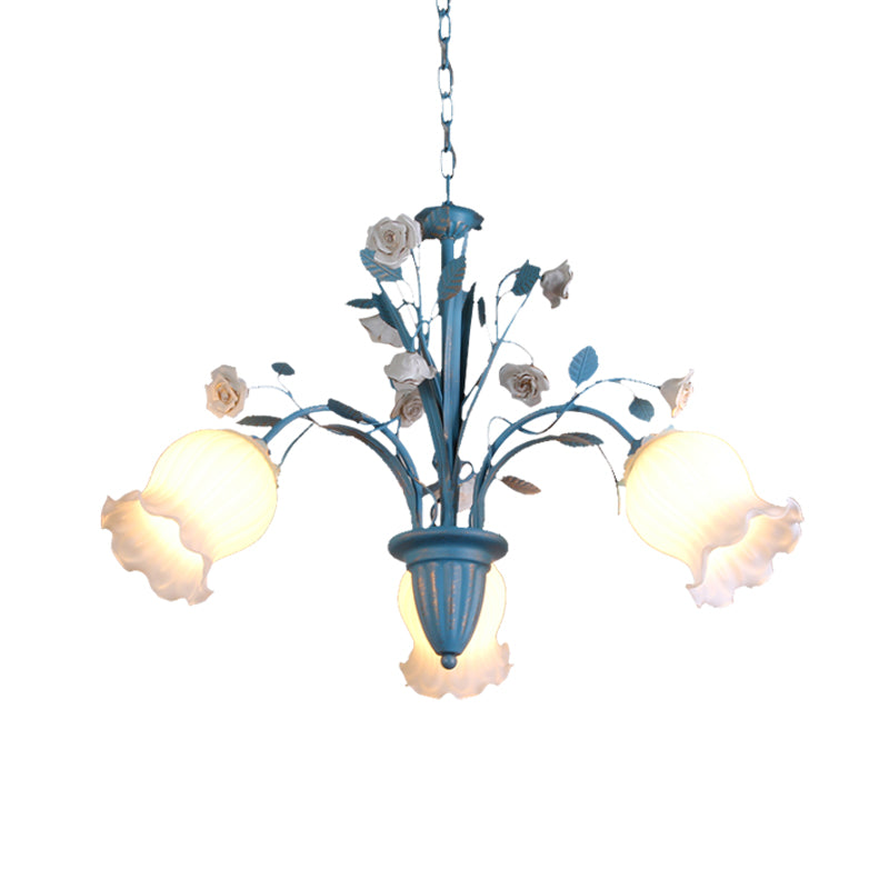 Pastoral Blossom Chandelier Lighting Fixture 3/5/6 Heads White Glass Pendant Ceiling Light in Blue Clearhalo 'Ceiling Lights' 'Chandeliers' Lighting' options 407196