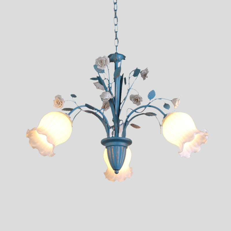 Pastoral Blossom Chandelier Lighting Fixture 3/5/6 Heads White Glass Pendant Ceiling Light in Blue Clearhalo 'Ceiling Lights' 'Chandeliers' Lighting' options 407197