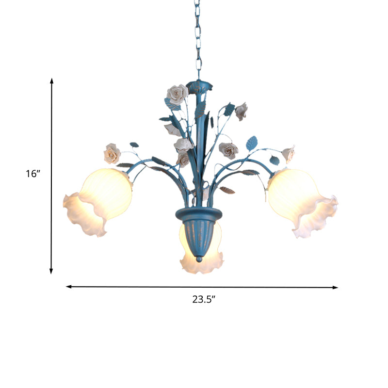 Pastoral Blossom Chandelier Lighting Fixture 3/5/6 Heads White Glass Pendant Ceiling Light in Blue Clearhalo 'Ceiling Lights' 'Chandeliers' Lighting' options 407198