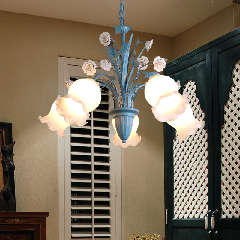 Pastoral Blossom Chandelier Lighting Fixture 3/5/6 Heads White Glass Pendant Ceiling Light in Blue Clearhalo 'Ceiling Lights' 'Chandeliers' Lighting' options 407200