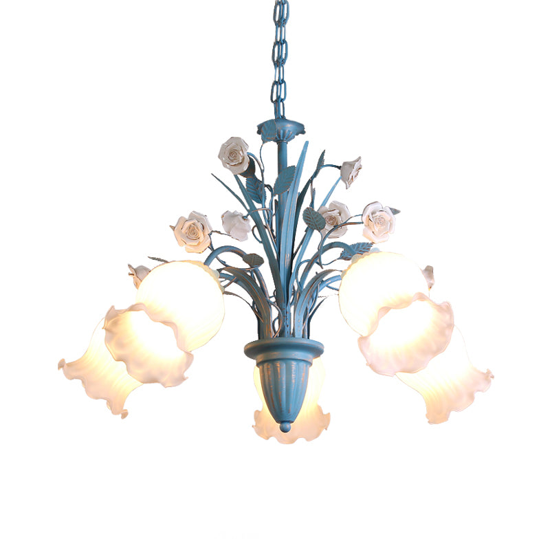 Pastoral Blossom Chandelier Lighting Fixture 3/5/6 Heads White Glass Pendant Ceiling Light in Blue Clearhalo 'Ceiling Lights' 'Chandeliers' Lighting' options 407201