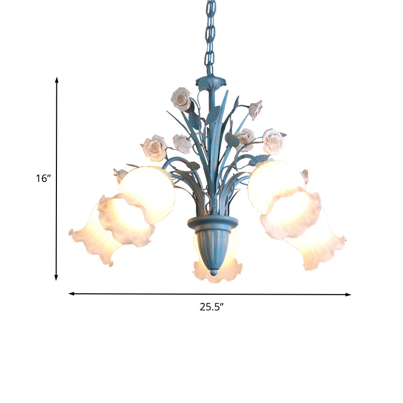 Pastoral Blossom Chandelier Lighting Fixture 3/5/6 Heads White Glass Pendant Ceiling Light in Blue Clearhalo 'Ceiling Lights' 'Chandeliers' Lighting' options 407202