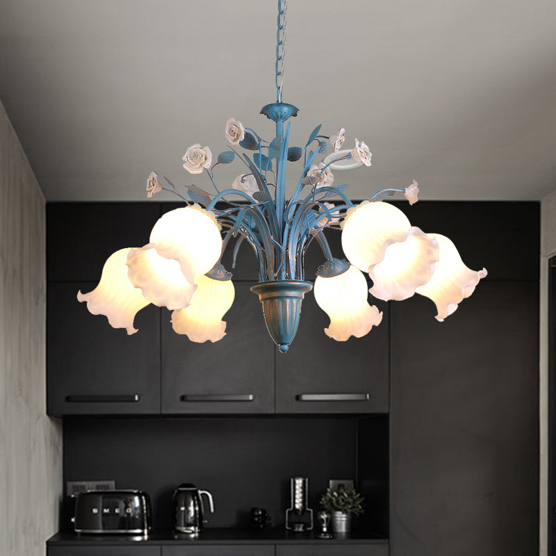 Pastoral Blossom Chandelier Lighting Fixture 3/5/6 Heads White Glass Pendant Ceiling Light in Blue Clearhalo 'Ceiling Lights' 'Chandeliers' Lighting' options 407203