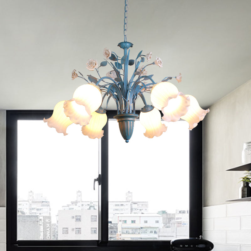 Pastoral Blossom Chandelier Lighting Fixture 3/5/6 Heads White Glass Pendant Ceiling Light in Blue Clearhalo 'Ceiling Lights' 'Chandeliers' Lighting' options 407204
