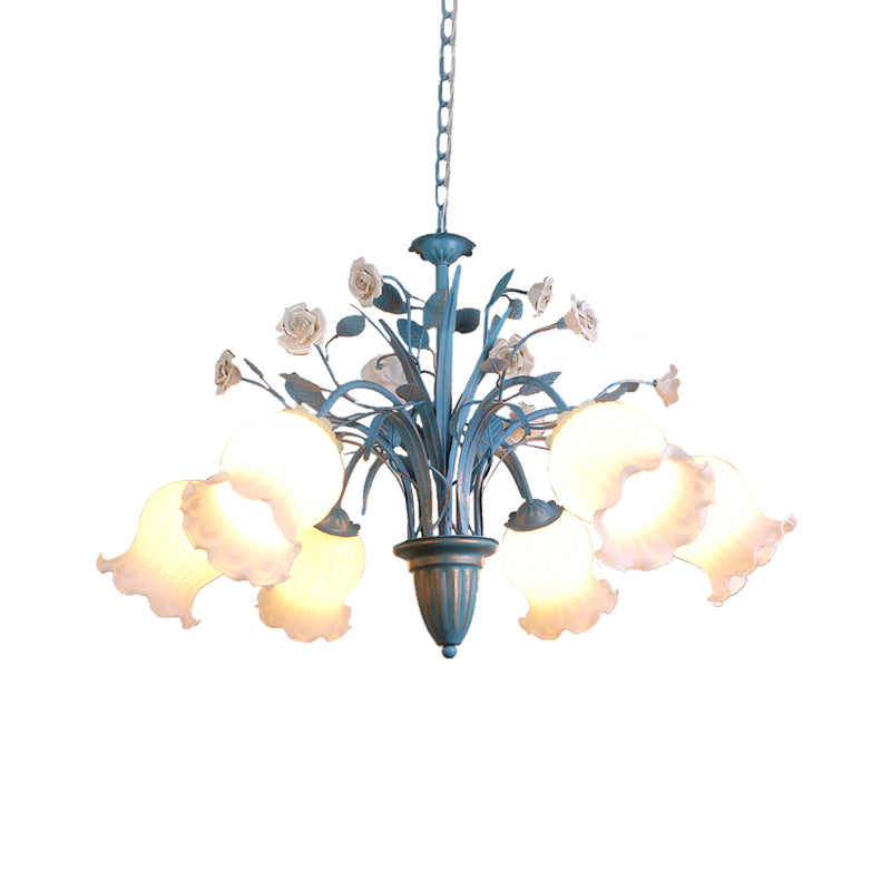 Pastoral Blossom Chandelier Lighting Fixture 3/5/6 Heads White Glass Pendant Ceiling Light in Blue Clearhalo 'Ceiling Lights' 'Chandeliers' Lighting' options 407205