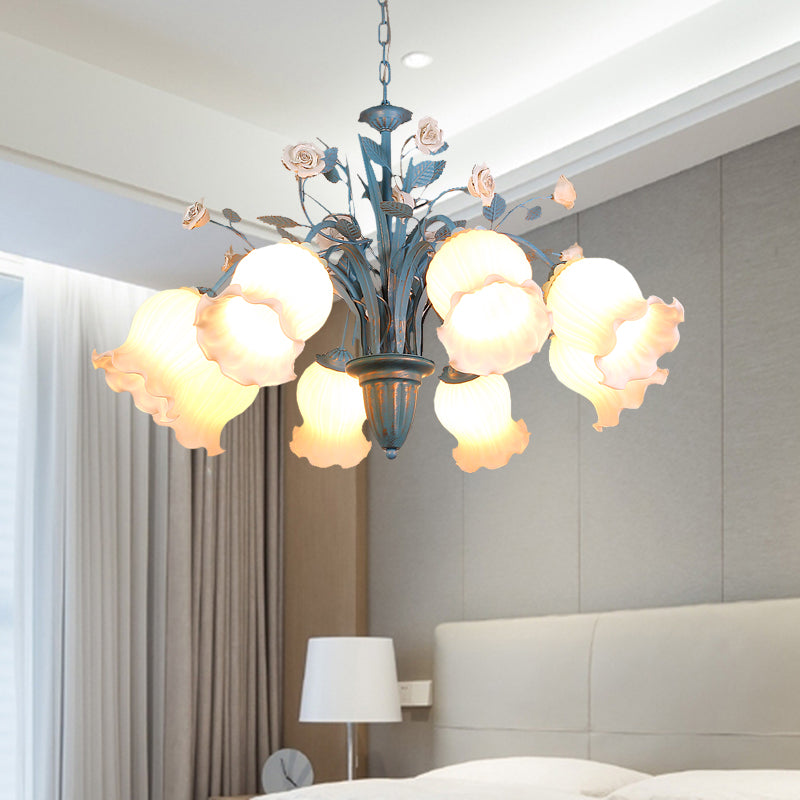 Pastoral Blossom Chandelier Lighting Fixture 3/5/6 Heads White Glass Pendant Ceiling Light in Blue Clearhalo 'Ceiling Lights' 'Chandeliers' Lighting' options 407207