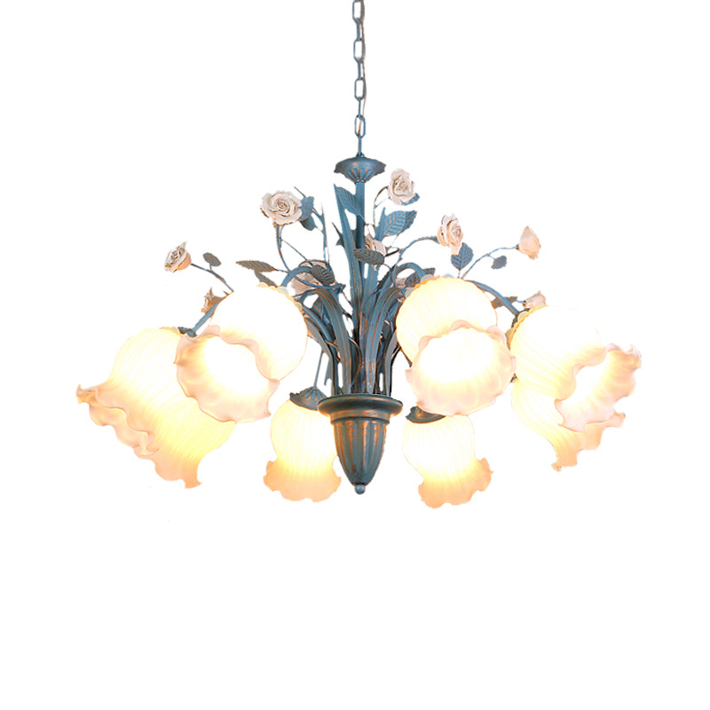 Pastoral Blossom Chandelier Lighting Fixture 3/5/6 Heads White Glass Pendant Ceiling Light in Blue Clearhalo 'Ceiling Lights' 'Chandeliers' Lighting' options 407209