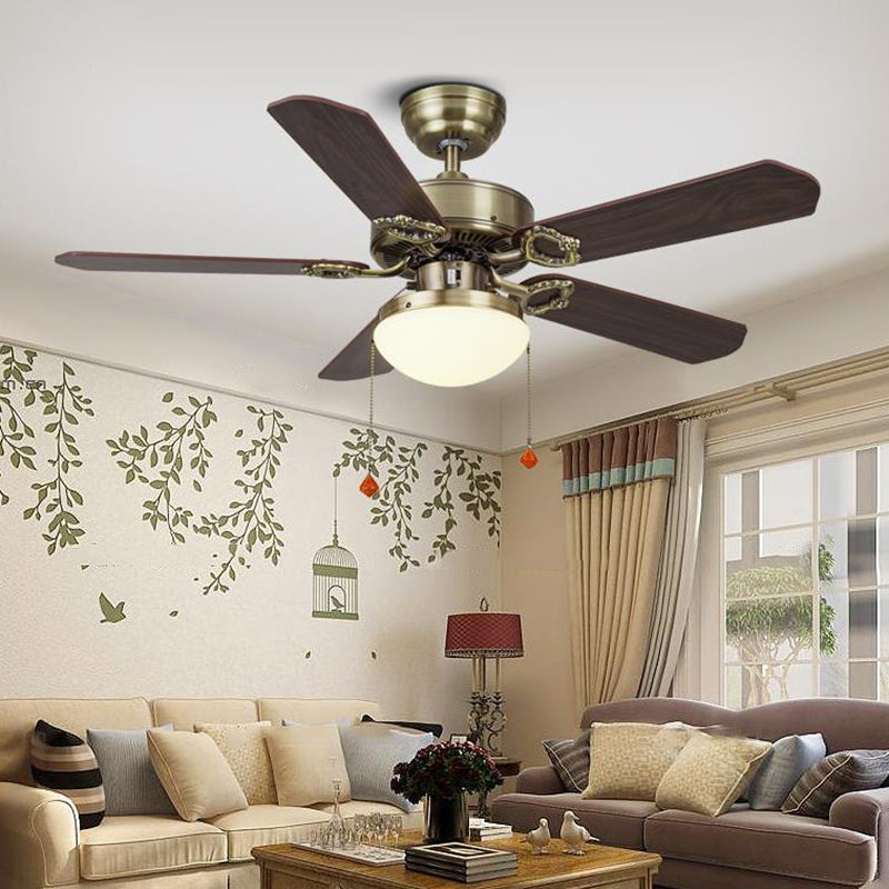 Antiqued Dome Pendant Fan Light Fixture Cream Glass LED Semi Flush Lamp in Brass with 5 Wood Vanes, 42"/48"/52" Wide Clearhalo 'Ceiling Fans with Lights' 'Ceiling Fans' Lighting' 407212